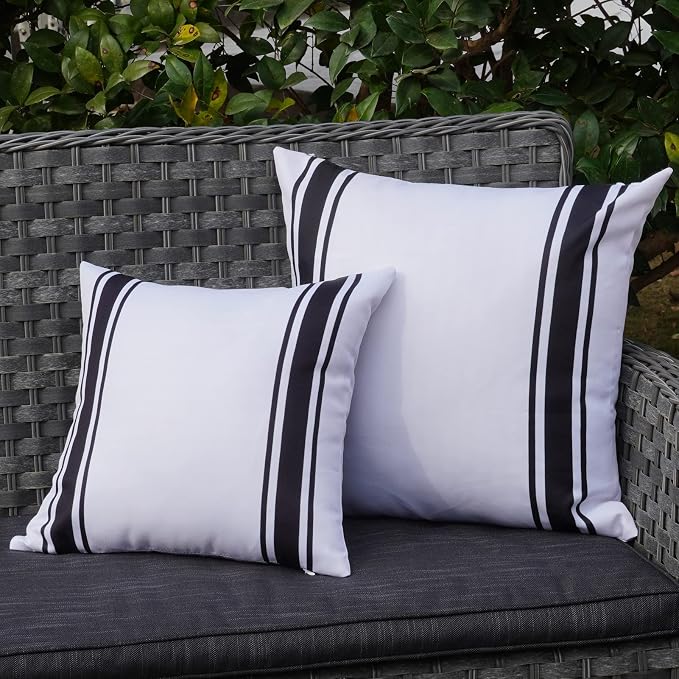ONWAY Outdoor Pillow Covers 16x16 Waterproof Set of 2 Decorative Throw Cushion Cover White and Black Striped Outdoor Pillows for Patio Furniture