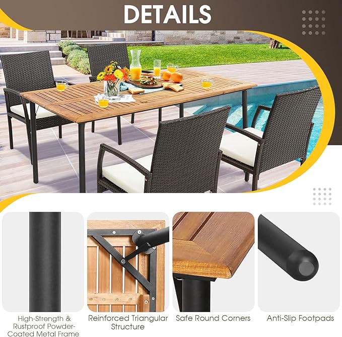 Tangkula 63" Acacia Wood Patio Dining Table for 6, Rectangular 6-Person Outdoor Dining Table with Metal Legs & Umbrella Hole, Indoor Outdoor Dining Furniture for Deck, Garden, Poolside & Backyard