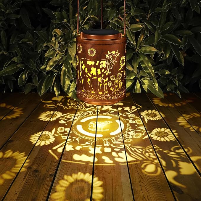 Solar Lanterns Metal Hanging Garden Decor Birthday Gifts for Women (Cow) | Solar Lights Waterproof Outdoor Decoration for Outside LED Lanterns for Yard Patio Lawn Gifts for Mon Grandma