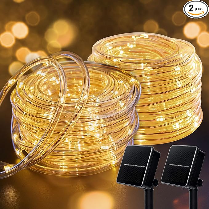 Brightown 2 Pack 72FT 200LED Solar Rope Lights, Warm White(Total 400LED) | IP65 Waterproof Solar Fairy Lights with 8 Lighting Modes, Outdoor String Lights for Party Garden Yard Holiday Tree Decoration