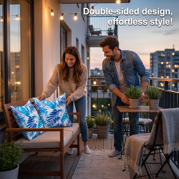 Outdoor Pillow Covers Waterproof Summer Decorative Throw Pillow Covers Blue Tropical Leaf Couch Covers 18x18 Set of 2 Square Outdoor Cushion Home Decor for Patio Furniture Garden Tent Balcony Bench
