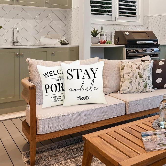 Welcome to Our Porch Stay Awhile Waterproof Outdoor Pillow Covers 18x18 Set of 2 Farmhouse Patio Furniture Decorations for Outside Garden Decor