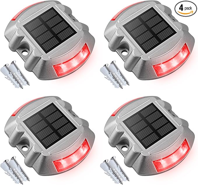 VOLISUN Solar Deck Driveway Dock Lights,Solar Pathway Lights,Red 4 Pack | Solar Powered LED, IP68 Waterproof Led Outdoor Warning Step Marine Lights for Sidewalk Garden Yard