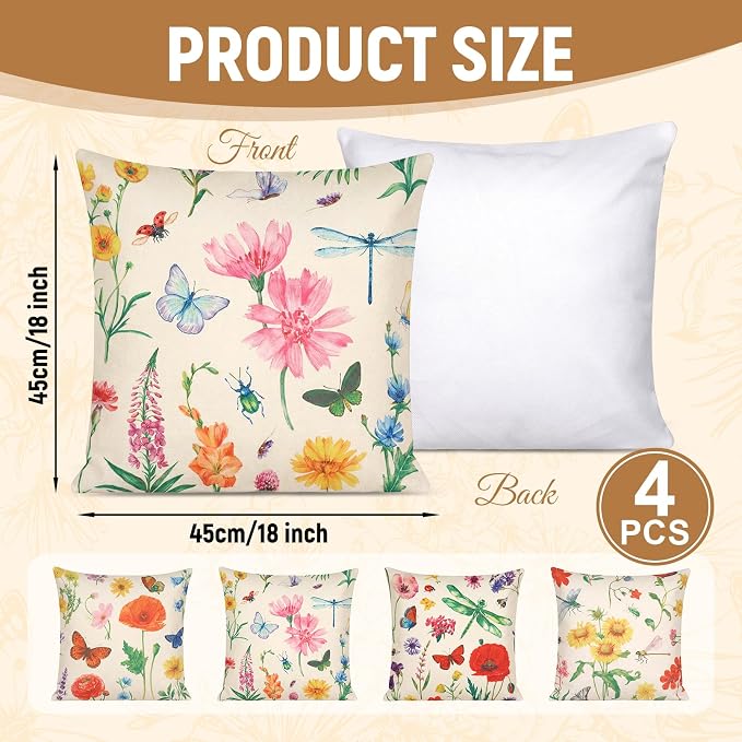 tiggell Outdoor Pillow Covers Waterproof 18x18 Set of 4, Spring Summer Decorative Throw Pillow Covers for Home Garden Patio Couch Swing Sofa Decor