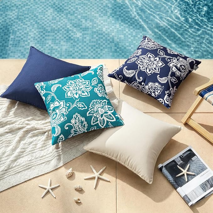 Decorative Outdoor Floral Pillow Covers Set of 2 18x18 Teal Blue | Waterproof Boho Farmhouse,Decorative Throw Pillow Covers,Summer Coastal Accent Pillowcases,Patio Furniture Garden Sofa