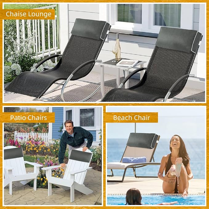 2 Pack Outdoor Chaise Lounge Head Pillow, Patio Pool Chair Pillows Water Resistant Headrest Pillow Lumbar Pillows with Insert and Adjustable Elastic Strap for Recliner Beach Chair, Dark Gray