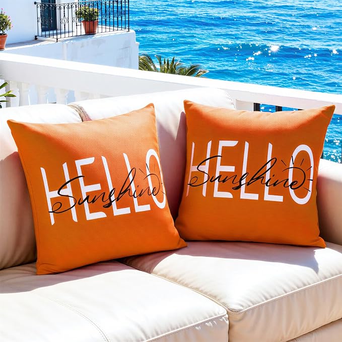Lewondr Waterproof Outdoor Throw Pillow Cover, 18×18", Orange | 2 Pack, Hello Sunshine Printing, Summer Garden Decor, For Patio Sofa, Balcony Couch, Bench Porch