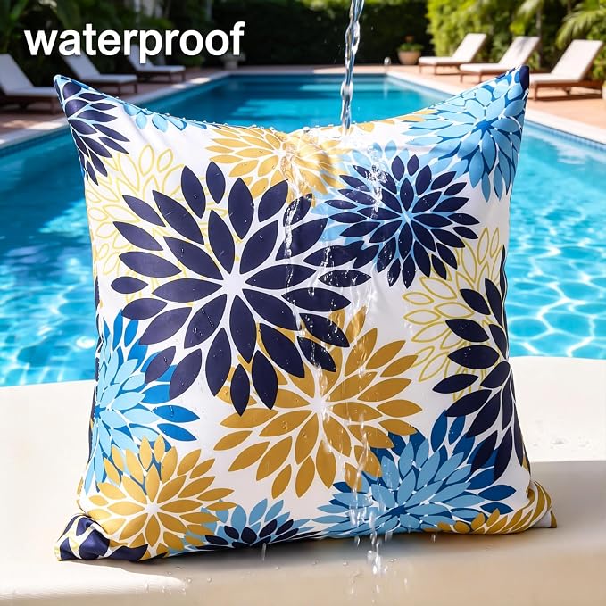 Outdoor Pillows Waterproof Throw Pillow Covers Set of 2 Dahlia Flowers Cushion Covers 18×18 Inch Blue and Yellow Decorative Square Pillow Case for Tent Sunbrella Garden Bench Living Room Sofa