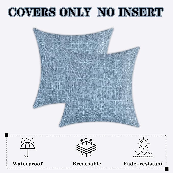 Kevin Textile Outdoor Waterproof 18”x18” Pillow Covers 2 Pack, Light Blue | Water Resistant, Soft Faux Linen-cotton Yarn-dyed Woven Texture Throw Pillow Covers for Tent Patio Garden Couch Sofa