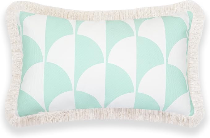 Hofdeco Premium Fall Coastal Patio Indoor Outdoor Lumbar Pillow Cover Only, 12"x20" Water Repellent for Backyard, Couch, Muted Aqua Scale Motif Fringe