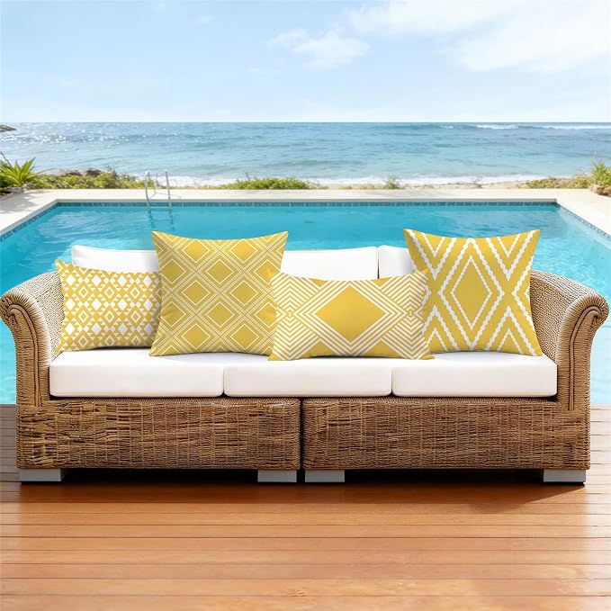 NIGHTWISH Outdoor Waterproof Pillow Covers 12x20 Set of 4 Yellow and White Modern Geometry Decorative Outdoor Throw Pillows Boho Cushion Cases for Patio Furniture Bench Couch Sunbrella