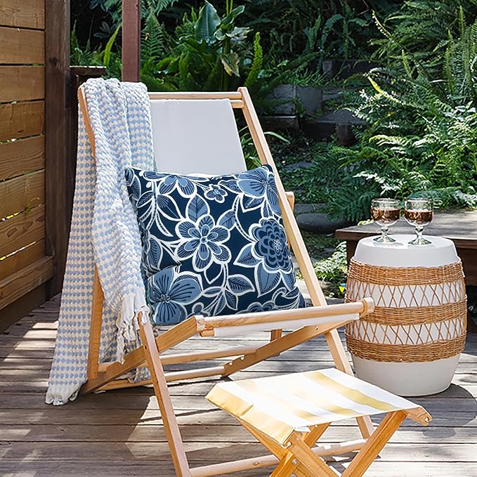 Outdoor Pillows for Patio Furniture 20x20 inch, Square Outdoor Throw Pillows with Inserts, Decorative Patio Pillows for Garden Couch Home Sofa Office Chair, Pack of 2,Flower Navy