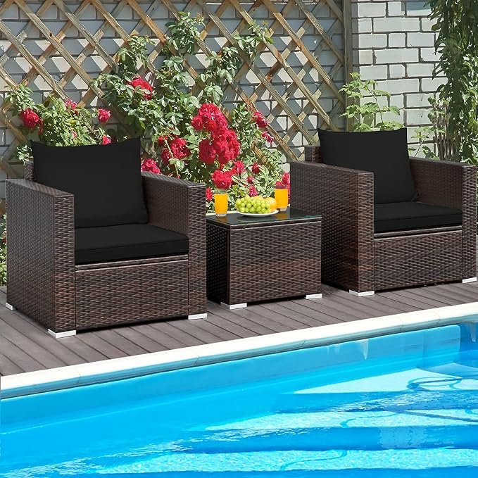 HAPPYGRILL 3PCS Patio Furniture Set Rattan Wicker Sofa Set with Cushions and Coffee Table Outdoor Patio Conversation Set for Garden Poolside Balcony