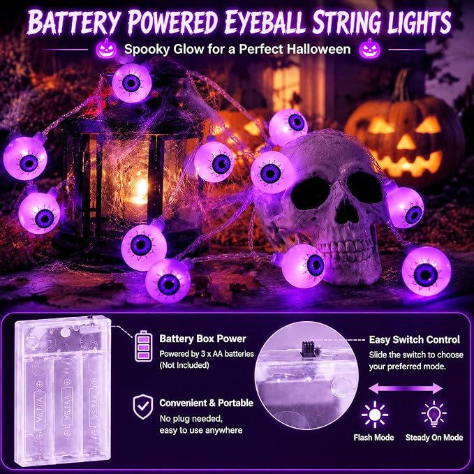 Crazy Night Halloween String Lights 10Ft 20 LEDs Battery Operated Purple Eyeball Lights Halloween Decorations Outdoor Indoor Party Decor