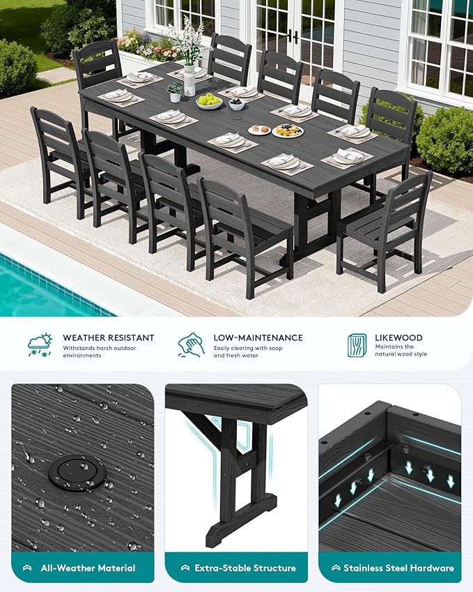 SERWALL 10 Piece Outdoor Dining Set with 15ft Triple-Head Foldable Umbrella(Based not Included), 84" HDPE Outdoor Table and Armless Chairs Set for 8, Black