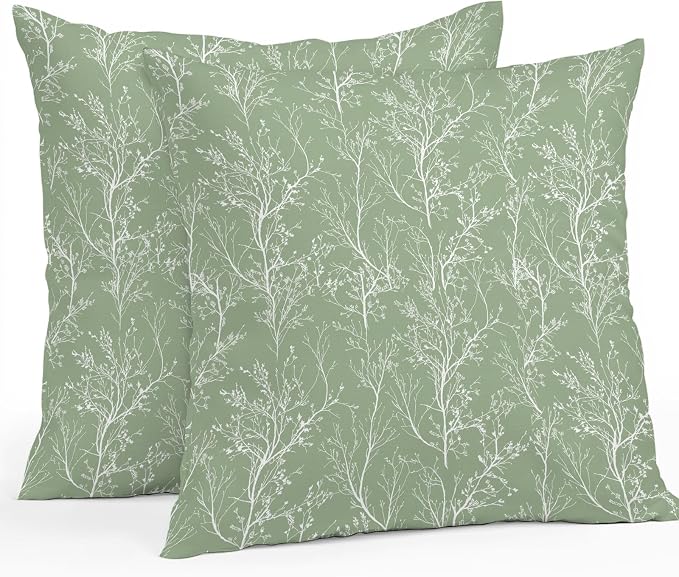 Sage Green Branches Waterproof Outdoor Pillow Covers Set of 2 Home Decor, Abstract Art Leaves Plant Pillowcase Patio Pillow Covers for Couch Bench Patio Furniture Garden 26x26in