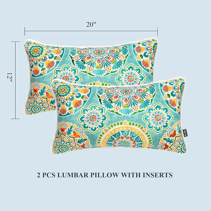 FUNHOME Outdoor Lumbar Pillow with Insert 12x20 Inch Pack of 2-Cyan Circle | Outdoor Pillows for Patio Furniture, Water-Repellent, Decorative Garden Pillows for Home Patio Coach Sofa Use