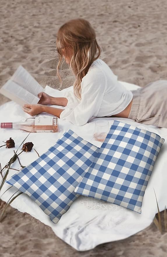Outdoor Waterproof Throw Pillow Covers Set of 2 Buffalo Plaid Blue Check Lumbar Pillowcases 20x12 Inches Farmhouse Style Patio Decorative Pillows Cushion Case Patio Pillows for Couch Bed Chair Garden