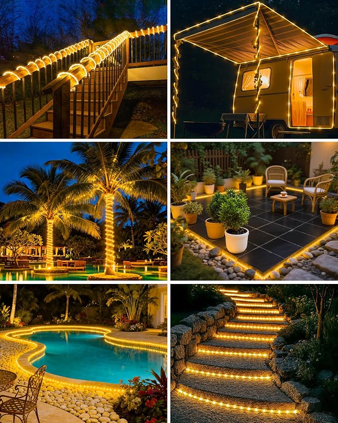 btfarm 4 Pack Solar Rope Lights, 120LED 46FT Solar String Lights Outdoor Waterproof, 8 Lighting Modes Solar Powered Strip Tube for Outside Garden Tree Christmas Yard Patio Wedding Decor, Warm White