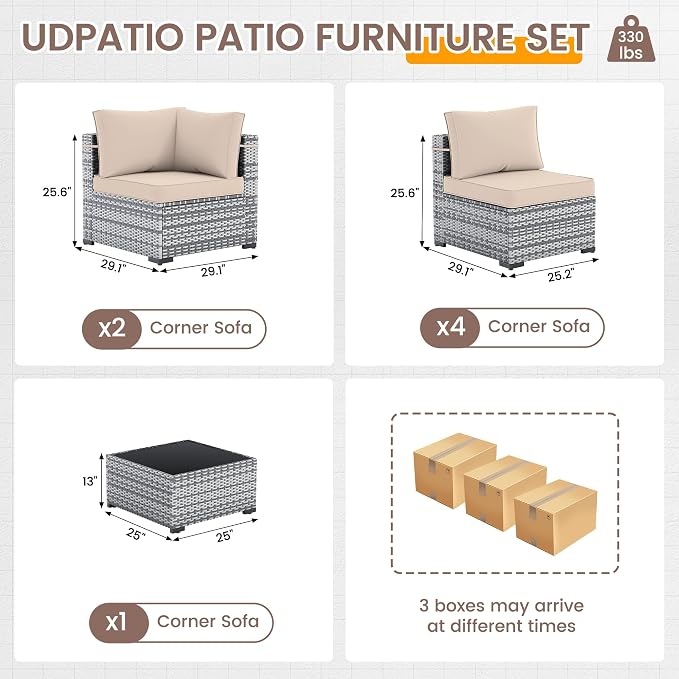 UDPATIO Patio Furniture Set, 7 Pieces PE Wicker Sectional Sofa with Tea Table, Outdoor Conversation Set for Patio, Garden, Backyard (Beige Cushions with Grey Rattan)