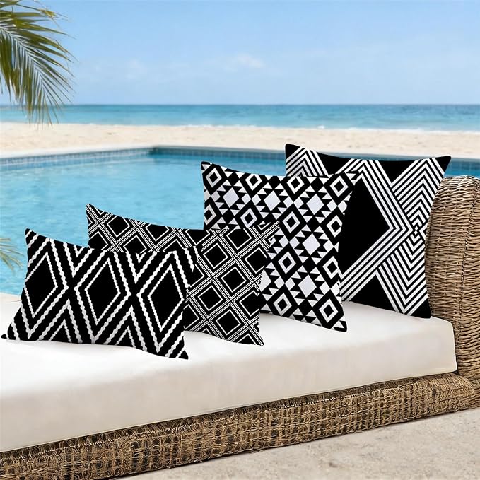 NIGHTWISH Outdoor Waterproof Pillow Covers 12x20 Set of 4 Black and White Modern Geometry Decorative Outdoor Throw Pillows Boho Cushion Cases for Patio Furniture Bench Couch Sunbrella