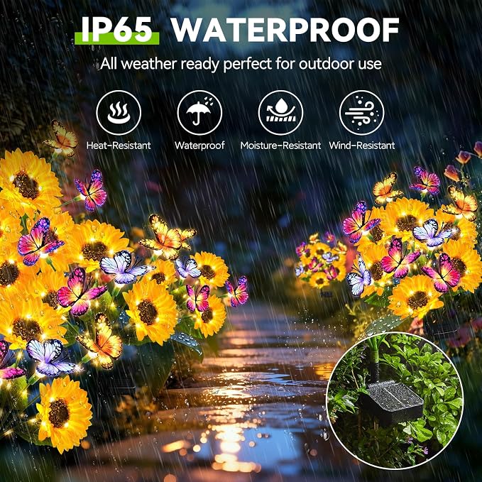 Solar Sunflower Lights with Butterflies, Bright Garden Light Outdoor Decor | Waterproof Lifelike Sunflower Blooms, Auto On/Off, Solar Flower Lights for Yards, Patios, Paths, Gifts for Women Mom Grandma