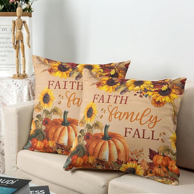 Fall Pillow Covers Pumpkin Sunflower Throw Pillow Covers Autumn Thanksgiving Harvest Pillow Case 20x20 Set of 2 Double Sided Printing Cushion Case for Couch Sofa