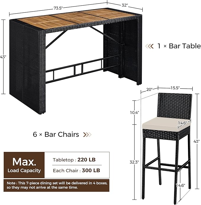Topeakmart Outdoor Wicker Bar Table and Chairs Set, 6 Removable Cushions | 7-Piece Patio Rattan Dining Furniture Set with Acacia Wood Tabletop, Rain Cover, Black/Beige