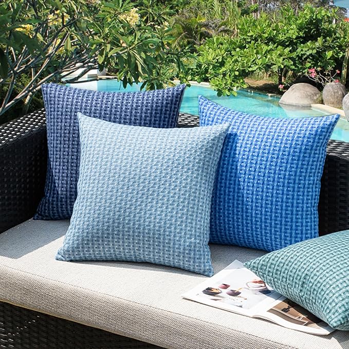 Kevin Textile Outdoor Waterproof 24"x24" Pillow Covers 2 Pack, Blue | Water Resistant Weaving Faux Linen Texture Throw Pillow Covers, Outside Decorative Pillowcases for Garden Patio Balcony Couch