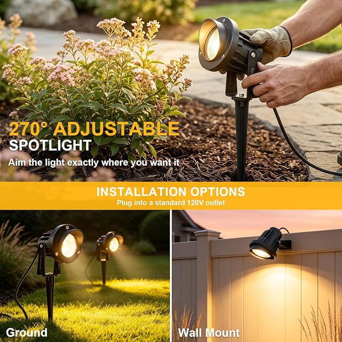 Romwish 12W LED Landscape Spotlights, 120V Plug-in Outdoor Lighting, 2 Pack | 1200LM Brightness with 3000K Warm White, IP65 Waterproof, Adjustable 270° Head & 60° Beam for Tree, Garden, Pathway and Yard