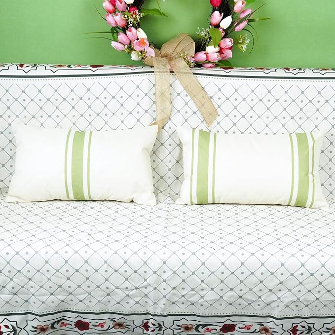 ONWAY Outdoor Pillow Covers Waterproof 12x20 Set of 2 Decorative Linen Throw Pillow Cover Beige and Green Striped Outdoor Pillows for Patio Furniture