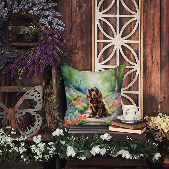 Caroline's Treasures Sussex Spaniel Spring Path Throw Pillow Machine Washable, Indoor Outdoor Decorative Pillow for Couch, Bed or Patio, 14Hx14W