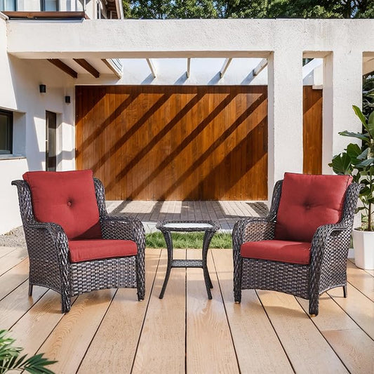 Belord Outdoor Furniture Set Patio Wicker Chairs, 3 Peices Porch Rattan Furniture with Side Table, Deep Seating Patio Bistro Chair Sets (Red Cushion)
