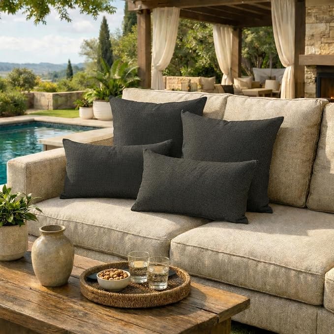 RSH DECOR: Sunbrella Lumbar & Square Pillows Set of 4 | 20" x 12" & 17" x 17" | Water and Fade-Resistant Fabric | Outdoor Throw Pillows for Patio Furniture | Made in USA (Fife Slate)