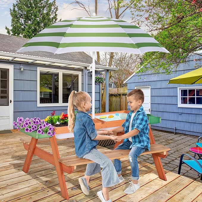 BRINJOY Kids Picnic Table, Outdoor Wooden Table w/Adjustable Umbrella & Garden Bed, 4-in-1 Sand & Water Activity Table w/Built-in Bench & Removable Boxes, Patio, Backyard