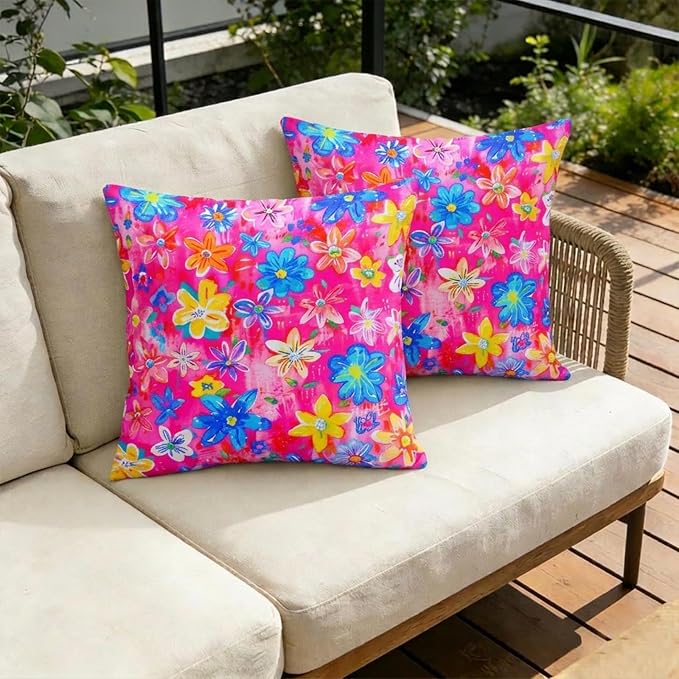 ONWAY Outdoor Floral Pillow Covers 18X18 inch Set of 2 Waterproof Yellow and Blue Flowers Pink Decorative Throw Pillowcases for Patio Furniture Garden Spring Summer Cushion Cover