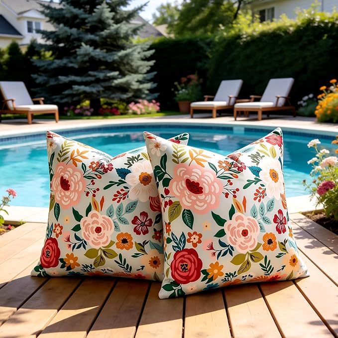 Outdoor Waterproof Floral Throw Pillow Covers Summer Decorative Pillow Covers Green Accent Square Couch Covers Garden Farmhouse Cushion Cases 16x16 Inch Set of 2 for Patio Tent Balcony Furniture Sofa