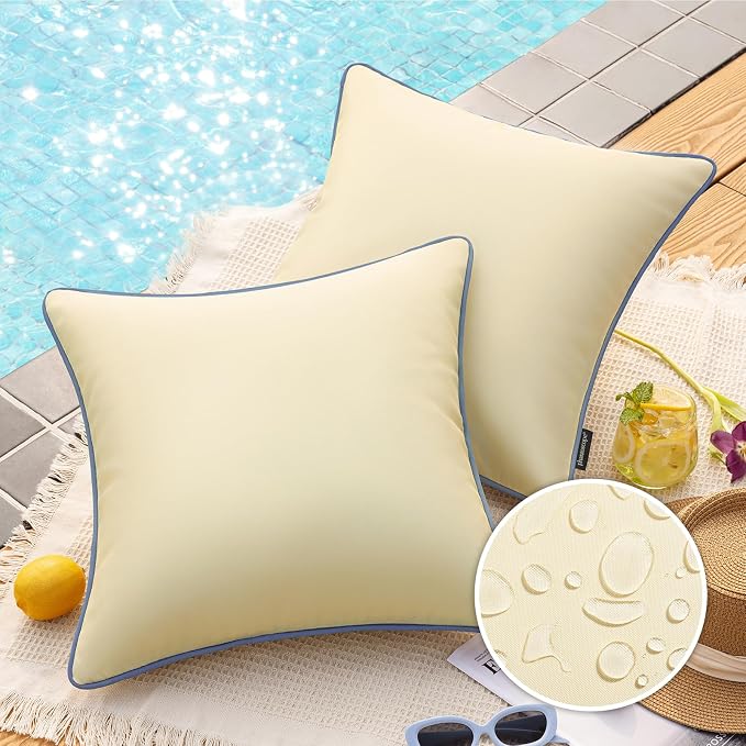 Phantoscope Pack of 2 Outdoor Waterproof Throw Pillow Covers with Contrast Piping, Decorative Square Cushion Case Patio Pillows for Couch Tent, Light Beige 20x20 inches