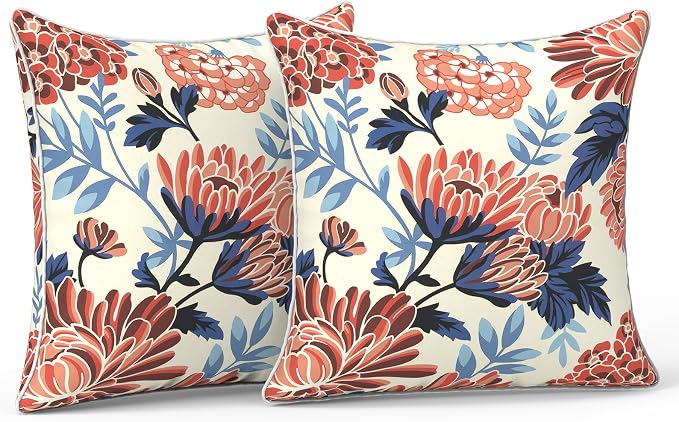 LVTXIII Set of 2 Patio Throw Pillows Waterproof 16"x16" Fade Resistant Outdoor Throw Pillows with Inserts, Fluffy Garden Toss Pillow Cushions for Patio Sofa Use,Red Chrysanthemum