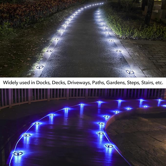 AGPTEK Solar Driveway Lights Outdoor 4 Pack, 2 Color Modes LED Deck Dock | Marine Waterproof Driveway Marker Lights for Step Sidewalk Stair Garden Pathway Walkway Yard (Blue Light/Cool White, Black)