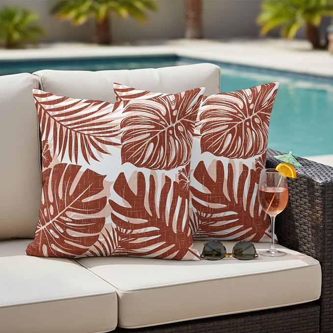 Copper Palm Leaves Outdoor Pillow Covers 20"x20" Set of 2, Tropical Botanical Minimalist Modern Waterproof Throw Pillow Covers for Patio Furniture, Decorative Cushion Covers for Porch