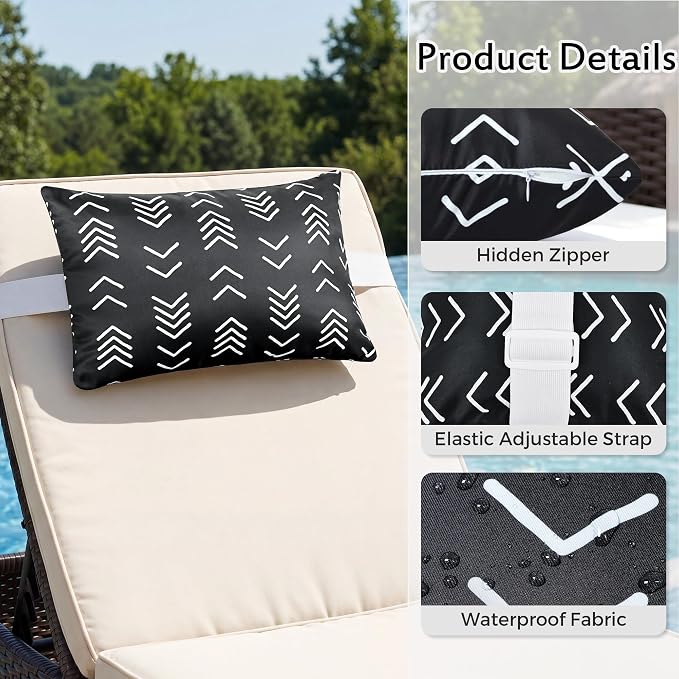 Black Geometric Outdoor Chaise Lounge Head Pillow 11"x16" Set of 2 | Waterproof Lumbar Pillows with Insert Adjustable Elastic Strap, Neck Attachment for Recliner Patio Beach Pool