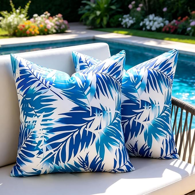 Outdoor Tropical Leaves Pillow Covers Waterproof Decorative Blue Leaf Pillow Covers Summer Accent Couch Covers Garden Farmhouse Throw Cushion Cases 20x20 Set of 2 for Patio Tent Balcony Bench Sofa