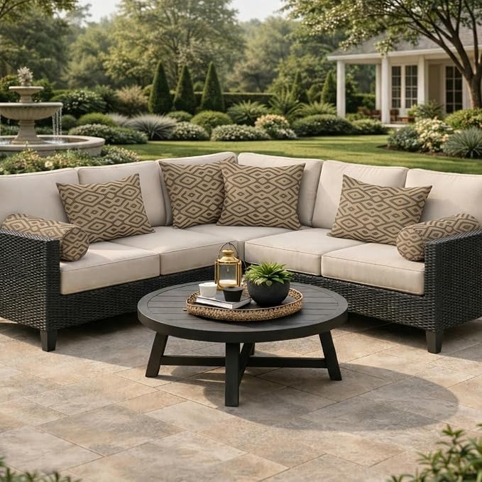 RSH DECOR Set of 6 Outdoor Pillow, Outdoor Pillows for Patio, Pillows w/Polyester Pillow Cases | Water & Fade Resistant Fabric | 17" Square, 20x12 Lumbar, 20x6 Neck Roll - Madura Mink