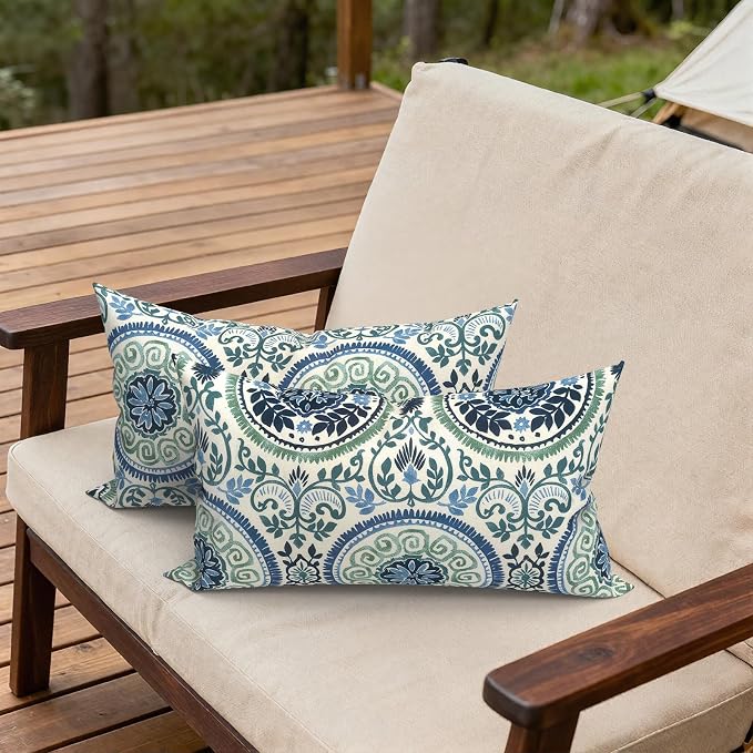 Outdoor Lumbar Pillows 12x20 Inch, Water Repellent Cushion Pillows, Outdoor Pillows with Inserts for Home Garden Pack of 2, Celadon Wreath