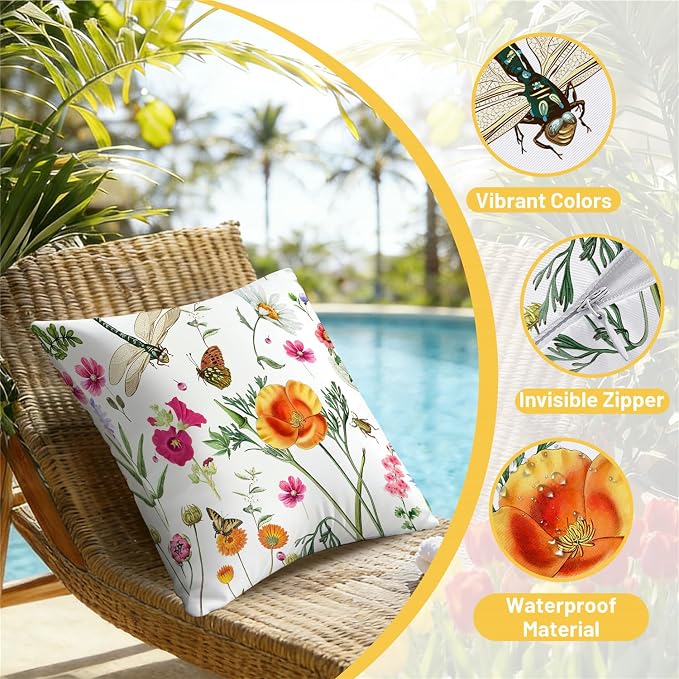 NIGHTWISH Outdoor Waterproof Pillow Covers 18x18 Set of 4 Spring Summer Floral Decorative Outdoor Throw Pillows Farmhouse Cushion Cases for Patio Furniture Bench Couch Sunbrella