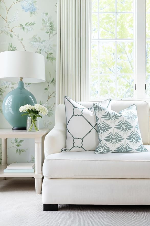 Hofdeco Premium Coastal Hampton Patio Indoor Outdoor Throw Pillow Cover Only, 20"x20" Water Repellent for Backyard, Couch, Poolside, Celadon Green Print Abstract Plam Leaves