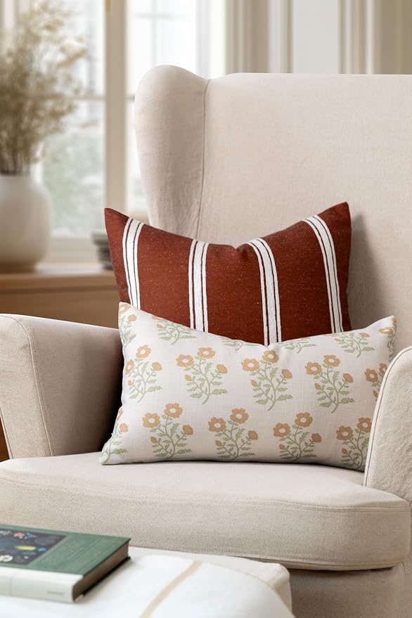 Modern Farmhouse California Casual Indoor Outdoor Lumbar Pillow Cover, 12"x20" Water Repellent for Patio, Backyard, Couch, Poolside, Ivory Cream Tan Green Print Block Painting Flowers