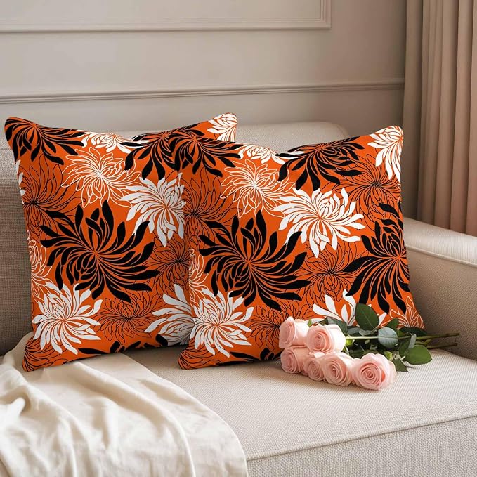 Yukro Orange Black Floral Outdoor Waterproof Pillow Covers Pack of 2, Vintage White Black Flower Orange Decorative Throw Pillowcases Cushion Covers for Garden Patio Tent Sofa Couch, 26x26 inch