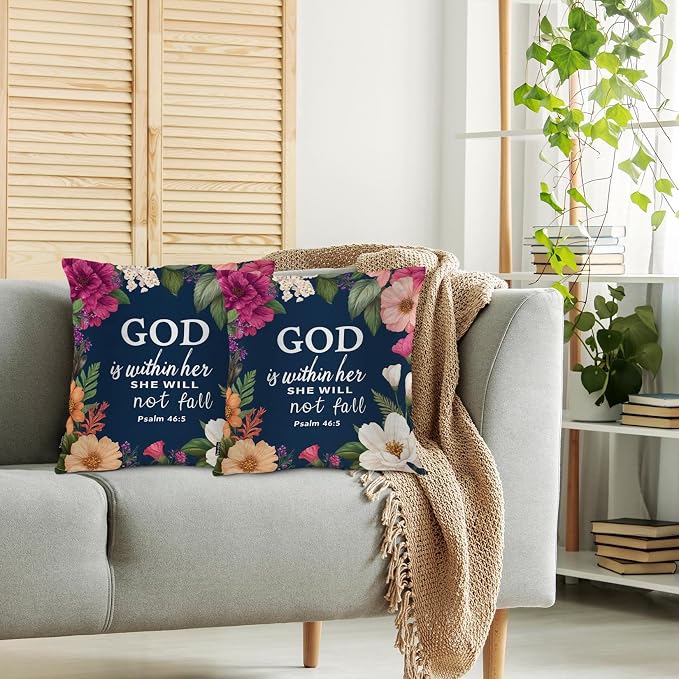 Swono Bible Verses Set of 2 Square 18x18 Inch Throw Pillow Cover God is Within Her She Will Not Fall Cosy Pillowcases Pillow Cushion Covers for Home Sofa Couch Garden Bench Car, Christian Quote